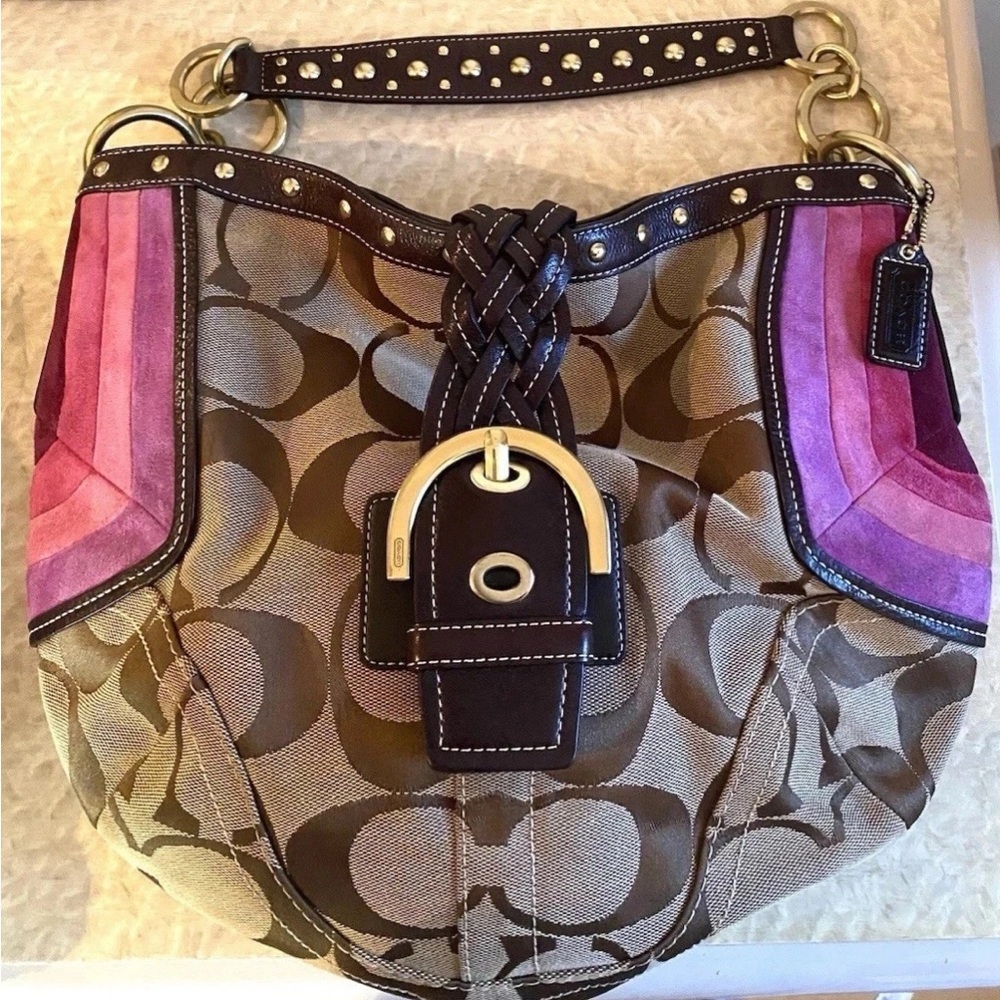 Coach Vintage Y2K soho studded Canvas Suede Shoulder Bag Brown pink Buckle 6426